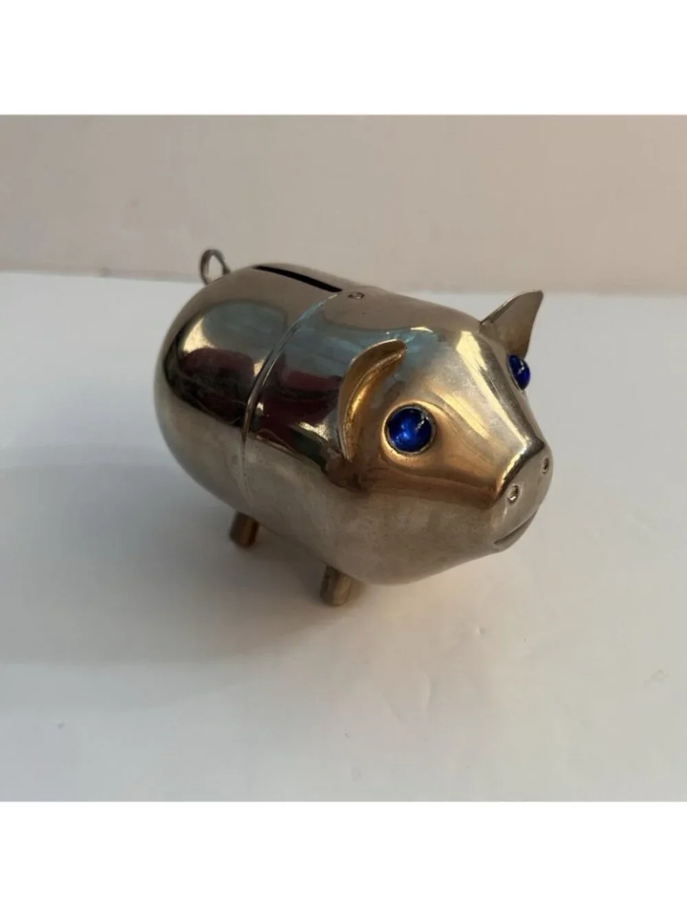 Vintage Silverplated Metal Piggy Bank w/ Blue Rhinestone Crystal Eyes Hong Kong